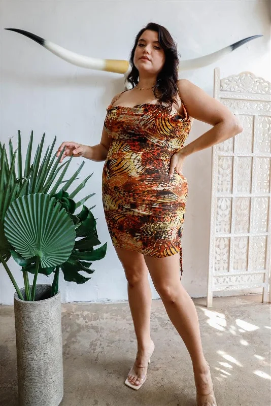 Plus Size Brown Slip Mini Dress Comfortable One-Shoulder Mini Dress