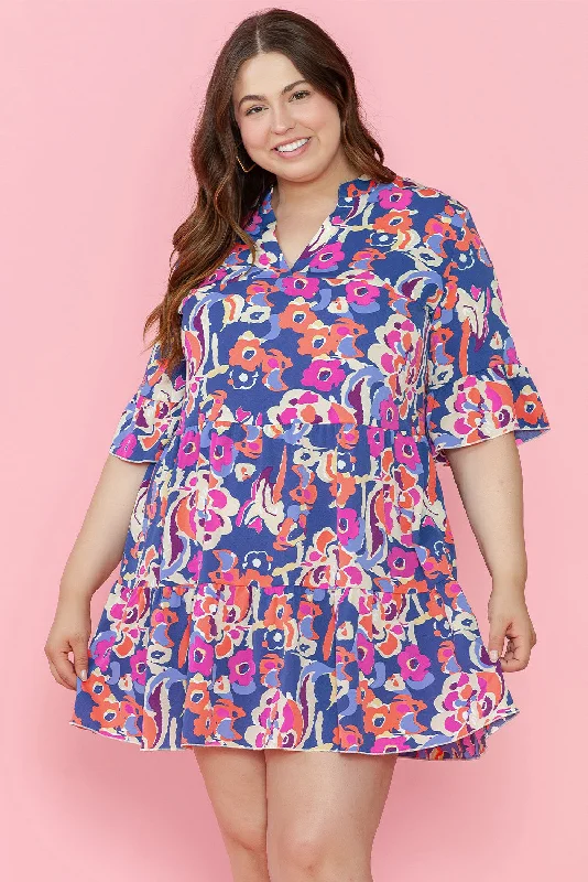 Plus Size Floral Print Ruffled 3/4 Sleeve Mini Dress Comfortable Boho Mini Dress