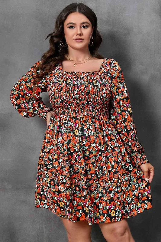 Plus Size Floral Square Neck Smocked Mini Dress Casual V-Neck Mini Dress