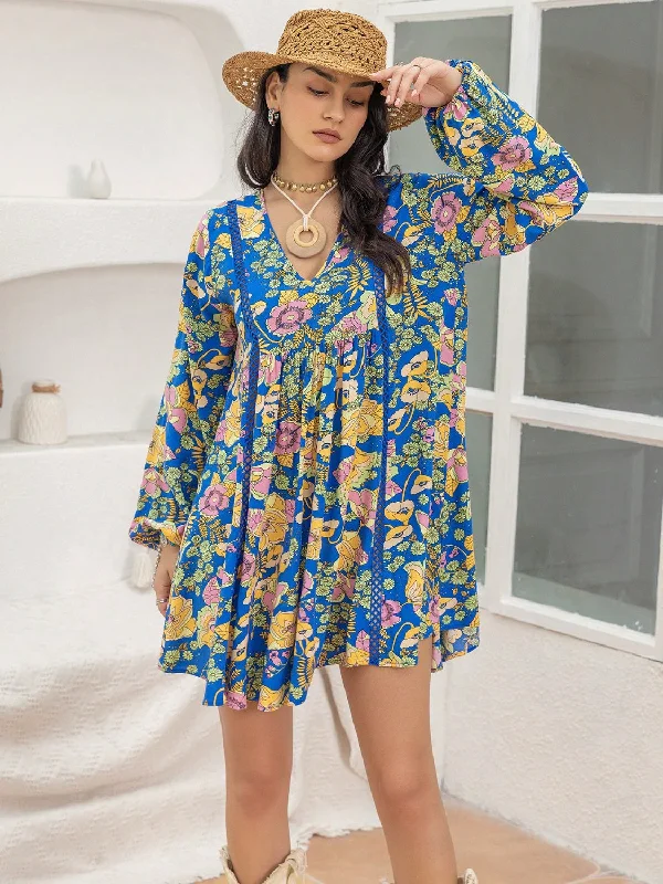 Printed V-Neck Balloon Sleeve Mini Dress Fashionable Mini Dress with Frills