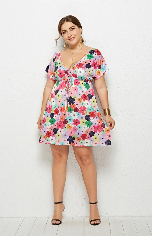Blue Zone Planet |  Quinn's Deep V Print Plus Size Mini Dress Classic Solid Mini Dress