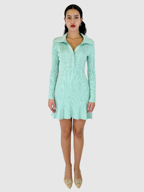 Ribbed Collared Mini Dress - Size M Fashionable Mini Dress with Pockets