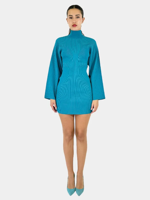 Ribbed Turtleneck Mini Dress - Size S Trendy Lace Mini Dress