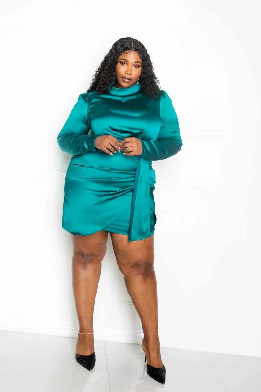 Satin Mock Neck Rouched Mini Dress Stylish Ruffle Mini Dress