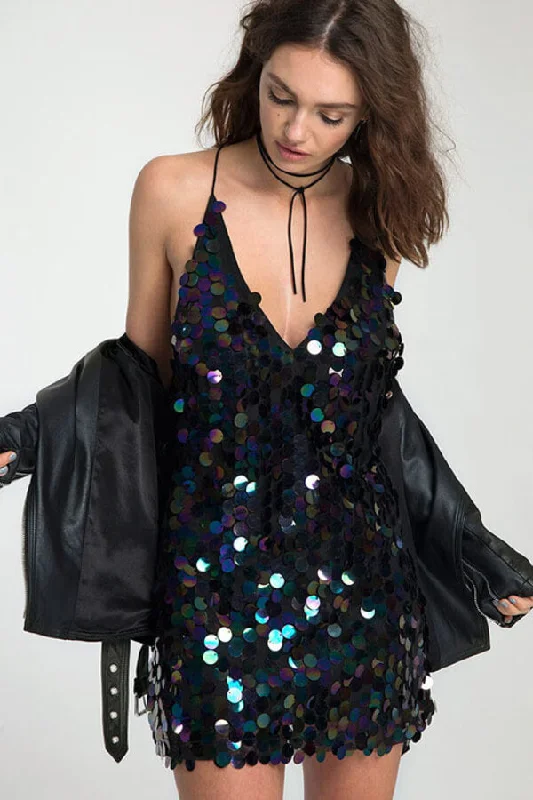 Zjkrl Sexy Sequin V Neck Backless Mini Dress Comfortable Fit-and-Flare Mini Dress