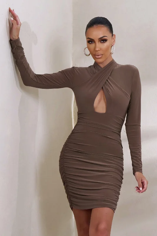 Sofia | Brown Cut Out Ruched Mini Dress With Open Back Detail Elegant Tulle Mini Dress