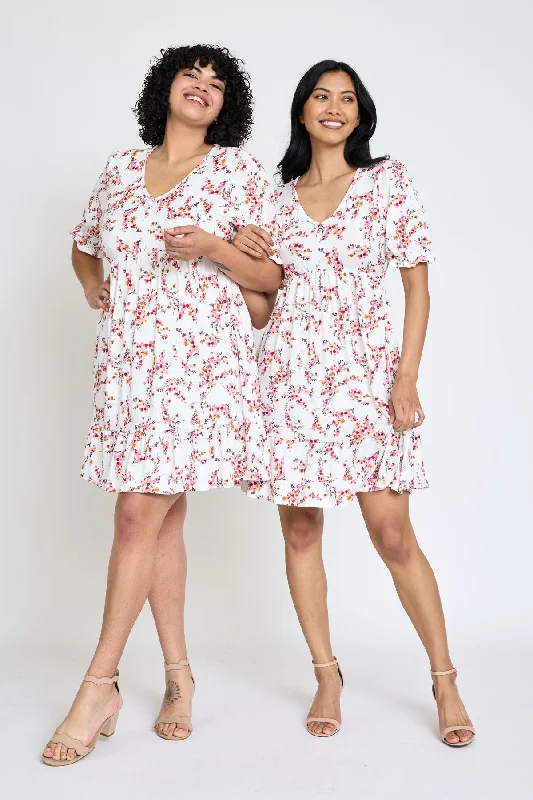 Spring Ditsy Floral Ruffle Trim Puff Sleeve V-Neck Mini Dress | S-3X Chic Bohemian Mini Dress