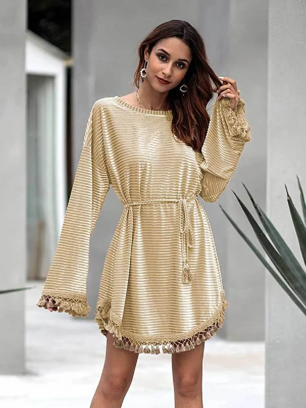Tassel Round Neck Plain Mini Dress Comfortable Zip-Up Mini Dress