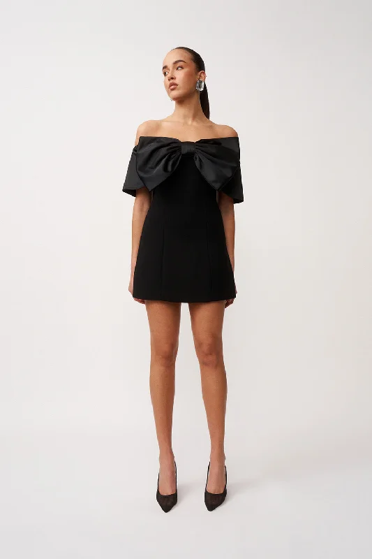 The Molly Bow Mini Dress - Black Elegant Velvet Mini Dress