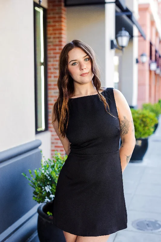 The No Crumbs Black Boatneck Mini Dress Fashionable Polka Dot Mini Dress