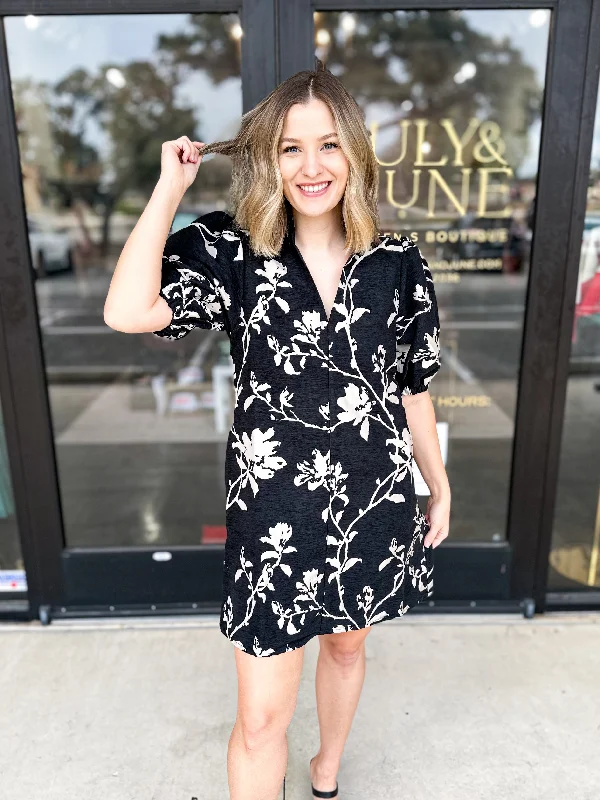 THML - Black Floral Mini Dress Trendy Cut-Out Mini Dress