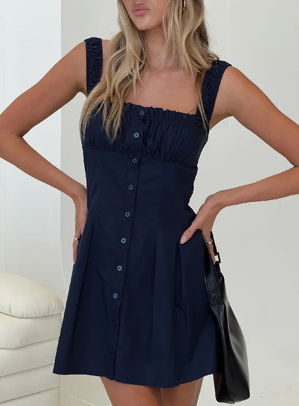 Wait For You Mini Dress Navy Cozy Ruched Mini Dress