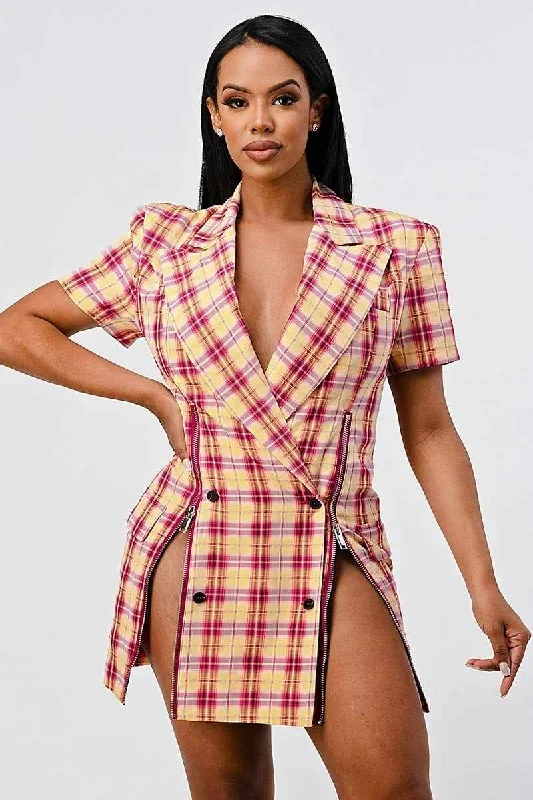 Wide Collared Plaid Blazer Mini Dress Classic Shift Mini Dress