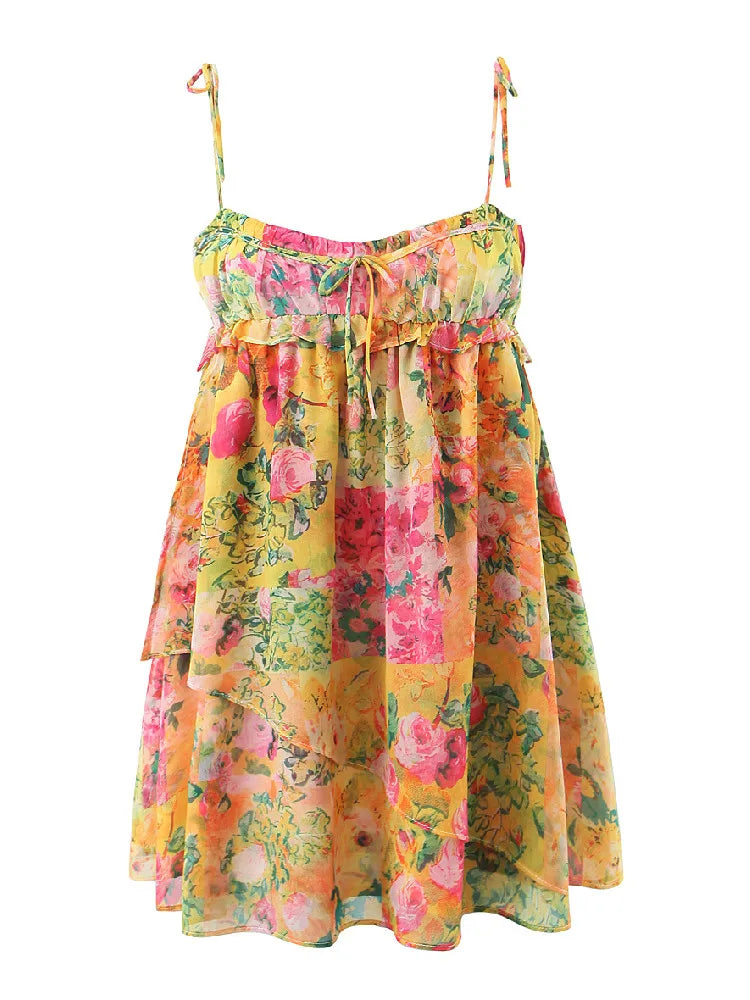 Lizakosht Spring Summer New Fungus Lace Short Strap Dress Woman Sexy Sweet Backless Printed Tie Mini Dress Female Chic Tropical Mini Dress
