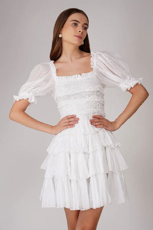 Yang Cotton Mini Dress in White Stylish Sweetheart Neck Mini Dress