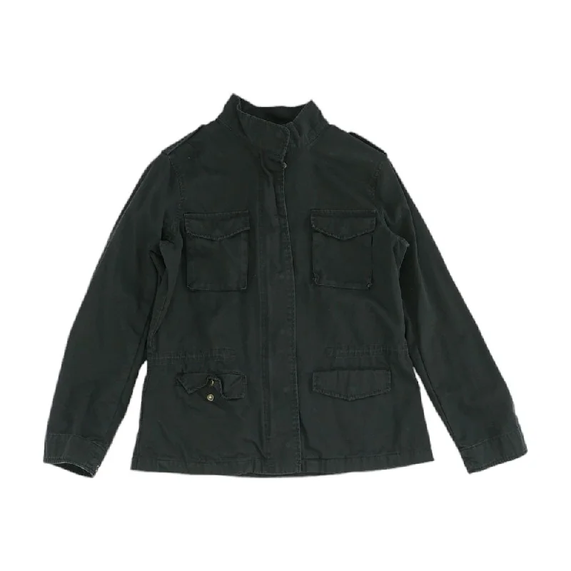 Black Solid Denim Jacket Zip Front Button Front Snap Front