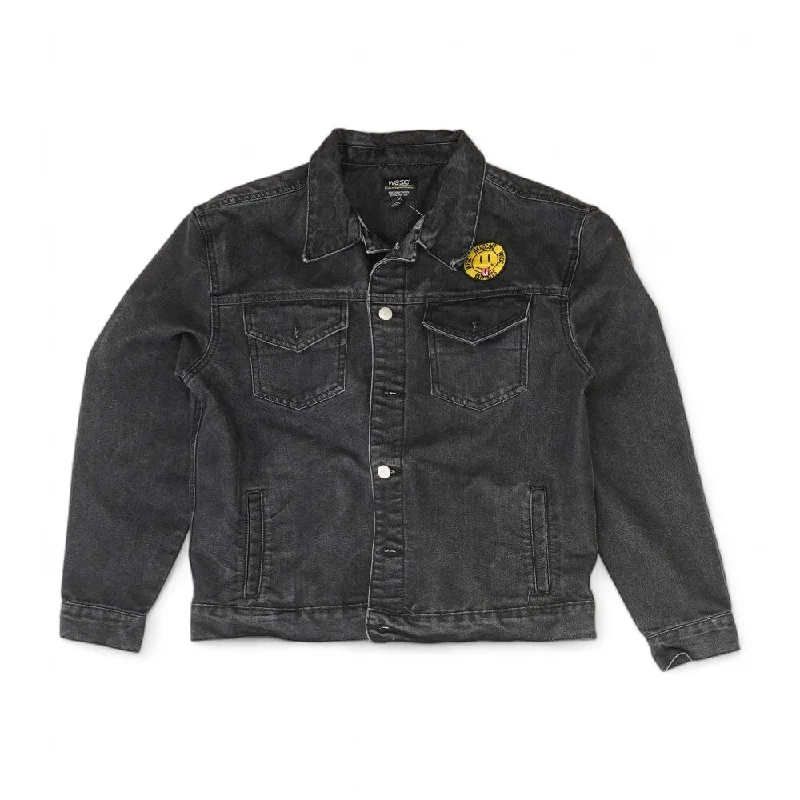 Black Solid Denim Jacket Welt Pockets Slit Pockets Flap Pockets
