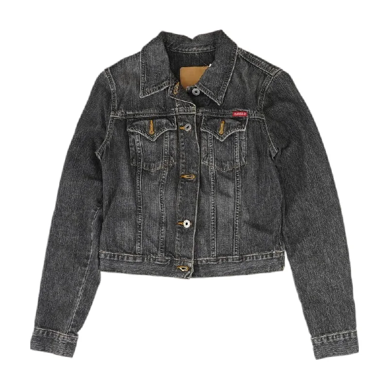 Black Solid Denim Jacket Toggled Jacket Drawstring Jacket Belted Jacket
