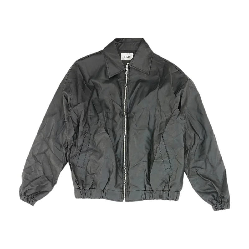 Black Solid Faux Leather Jacket Cardigan Sweater Pullover