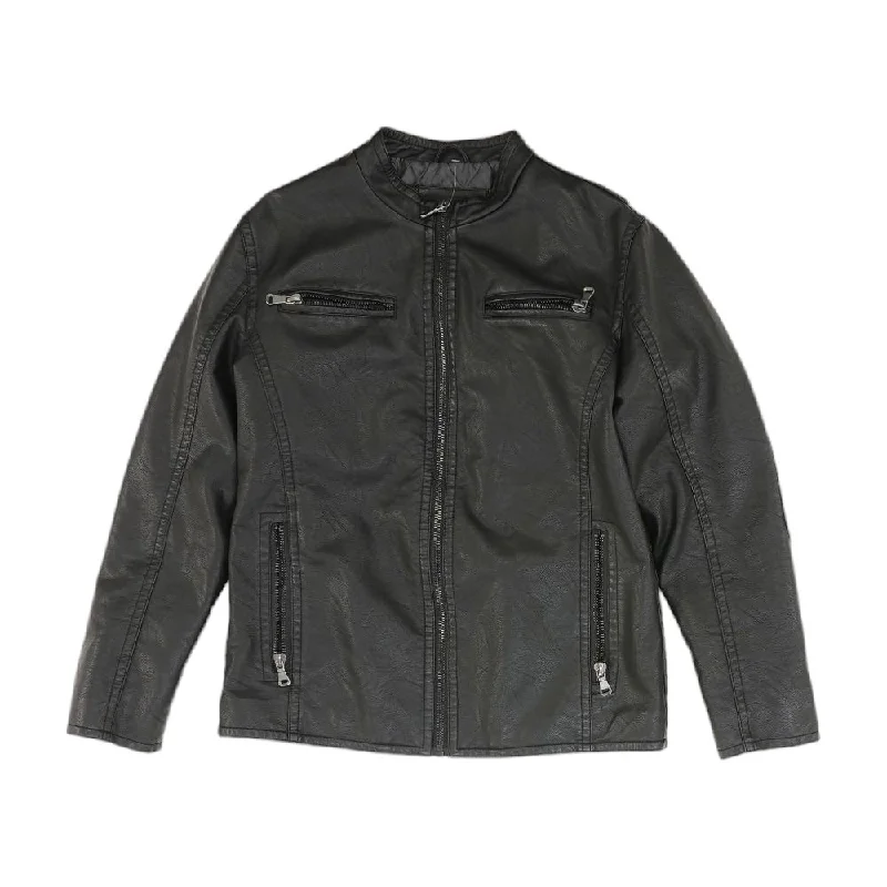Black Solid Faux Leather Jacket Cardigan Sweater Pullover