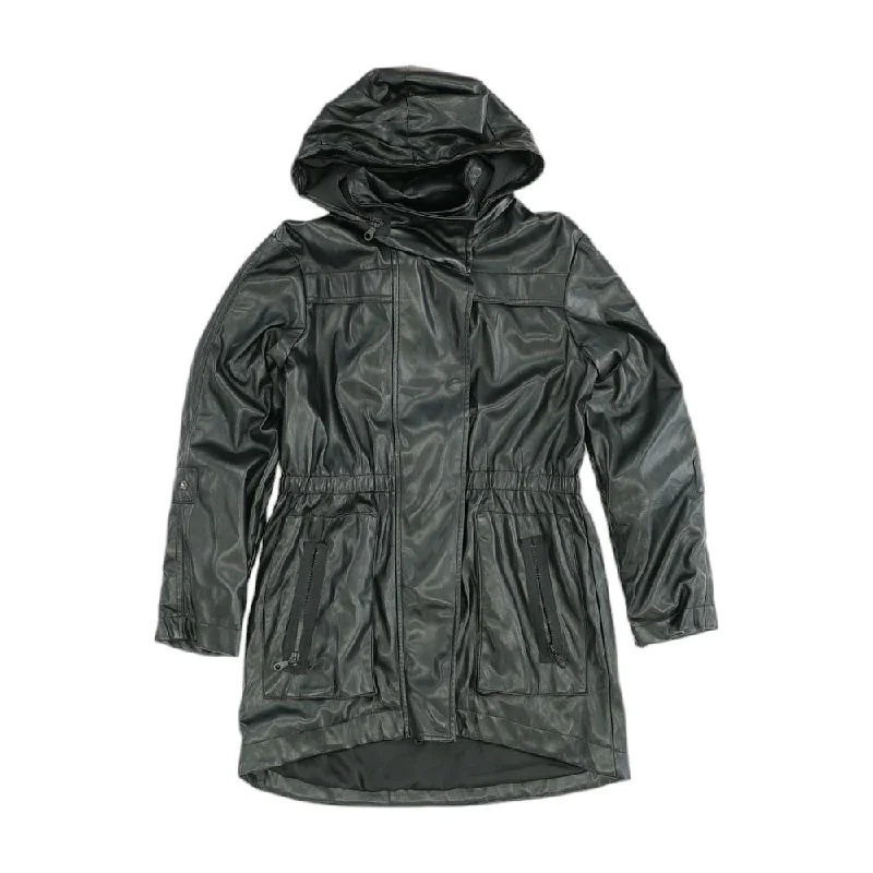 Black Solid Faux Leather Jacket Toggled Jacket Drawstring Jacket Belted Jacket