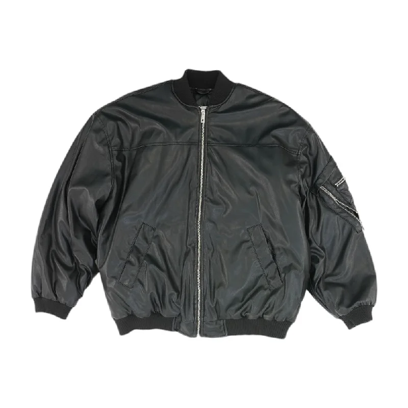 Black Solid Faux Leather Jacket Trench Coat Raincoat Waterproof Jacket