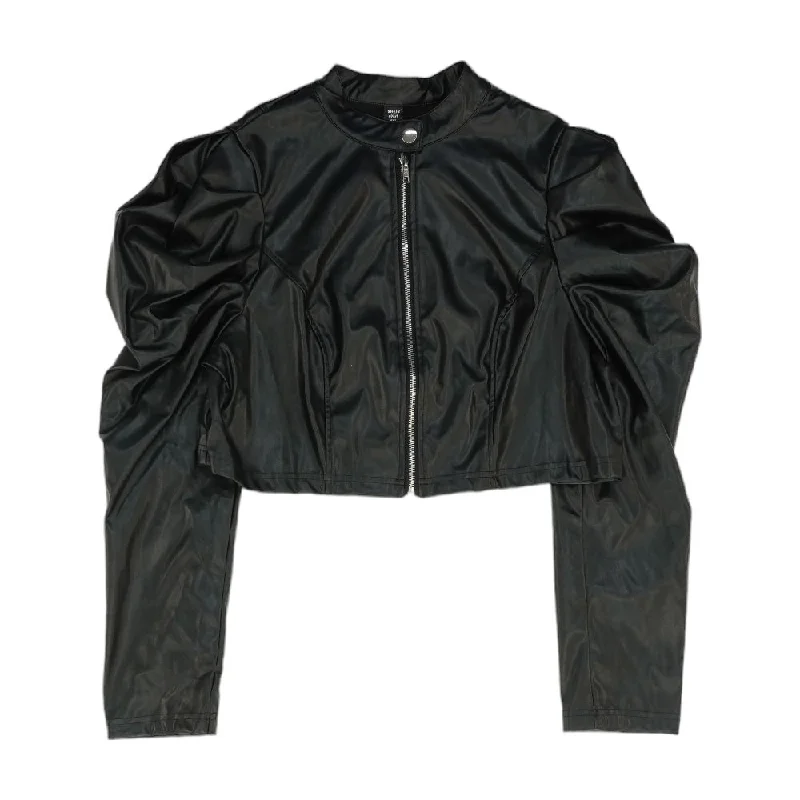 Black Solid Faux Leather Jacket Collared Jacket Crew Neck Jacket Turtle Neck Jacket