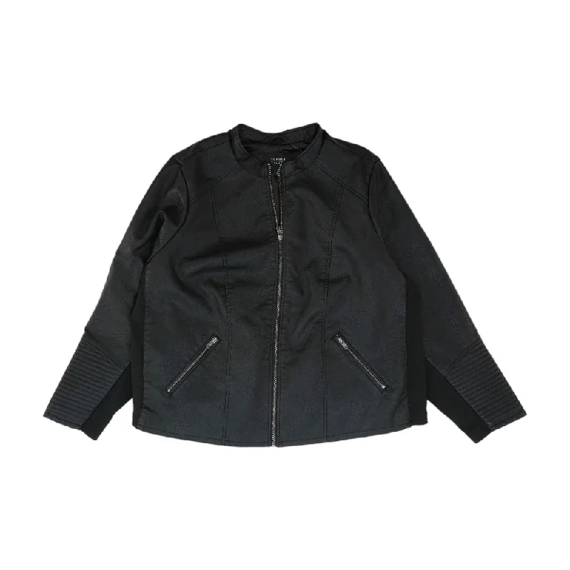 Black Solid Faux Leather Jacket Nylon Jacket Polyester Jacket Spandex Jacket