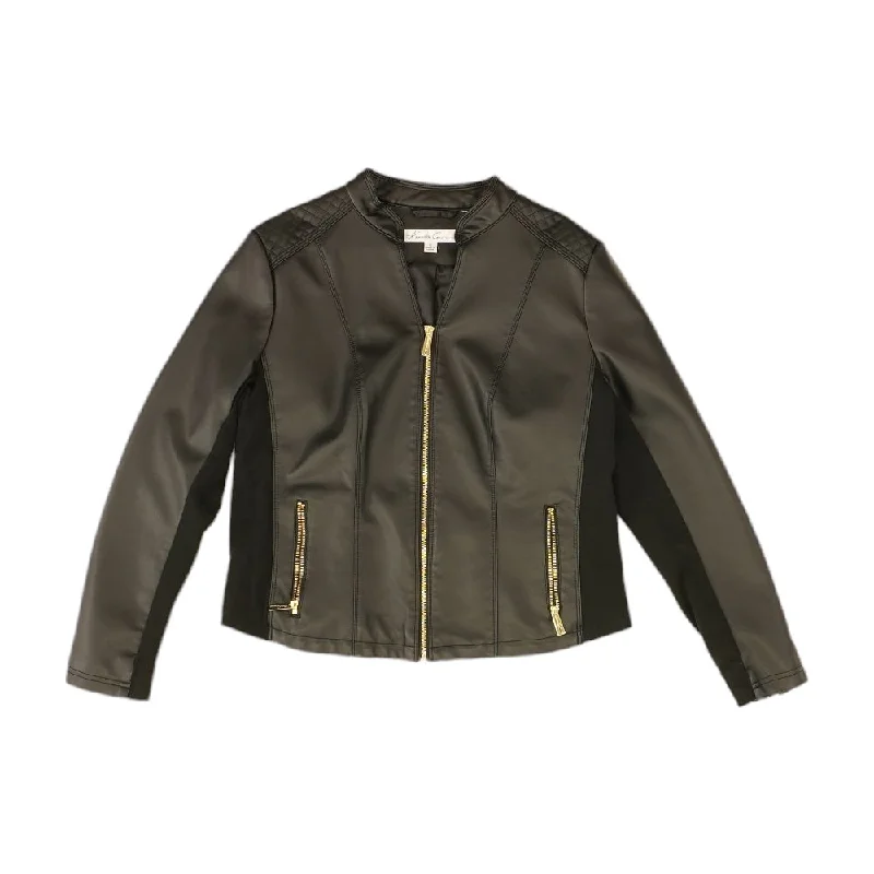 Black Solid Faux Leather Jacket Boat Neck Shawl Collar Notched Collar