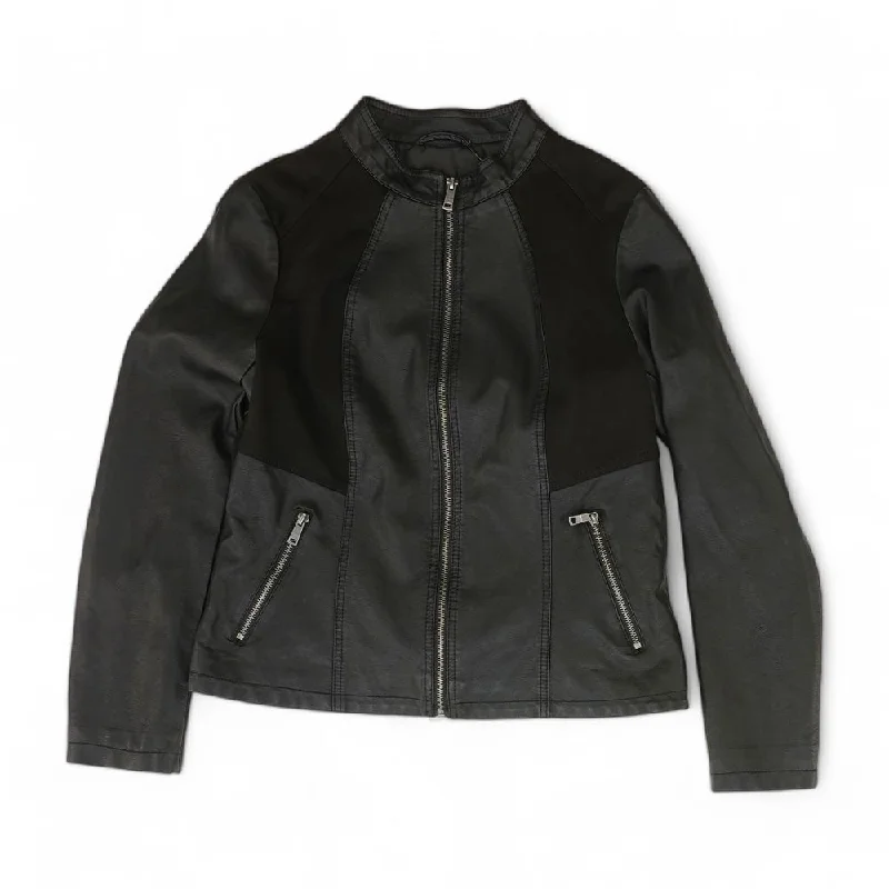 Black Solid Faux Leather Jacket Wool Fabric Cashmere Fabric Tweed Fabric