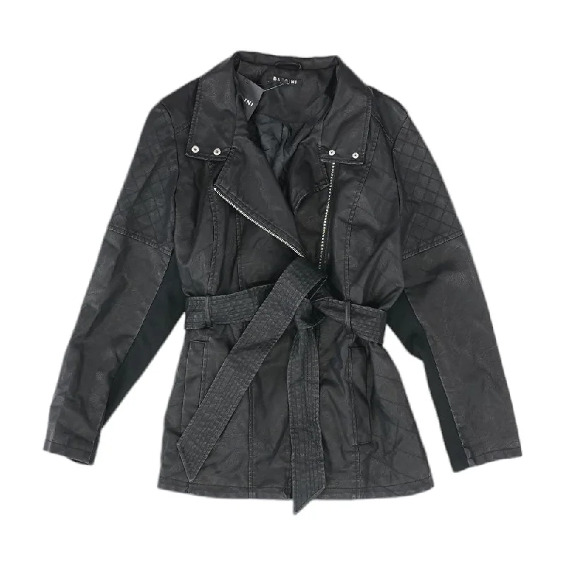 Black Solid Faux Leather Jacket Trench Coat Raincoat Waterproof Jacket