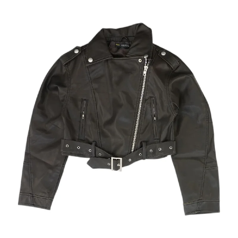 Black Solid Faux Leather Jacket Satin Fabric Silk Fabric Chiffon Fabric