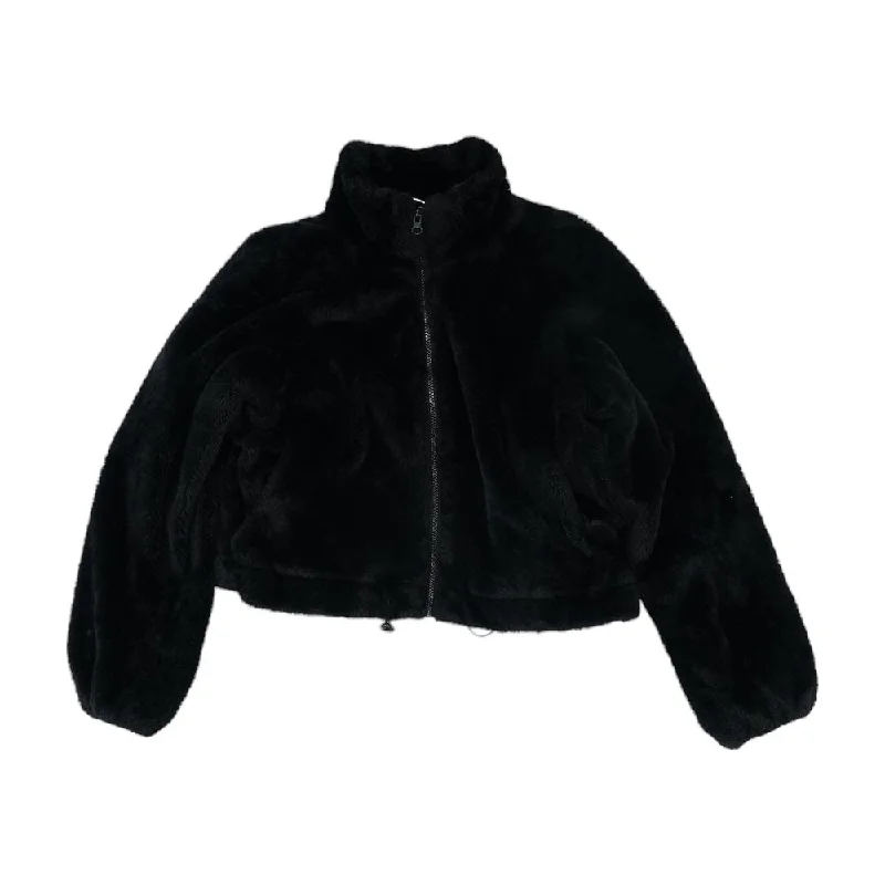 Black Solid Jacket Notch Collar Peter Pan Collar Cowl Neck