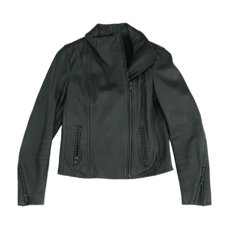 Black Solid Leather Jacket Snapped Jacket Toggled Jacket Drawstring Jacket