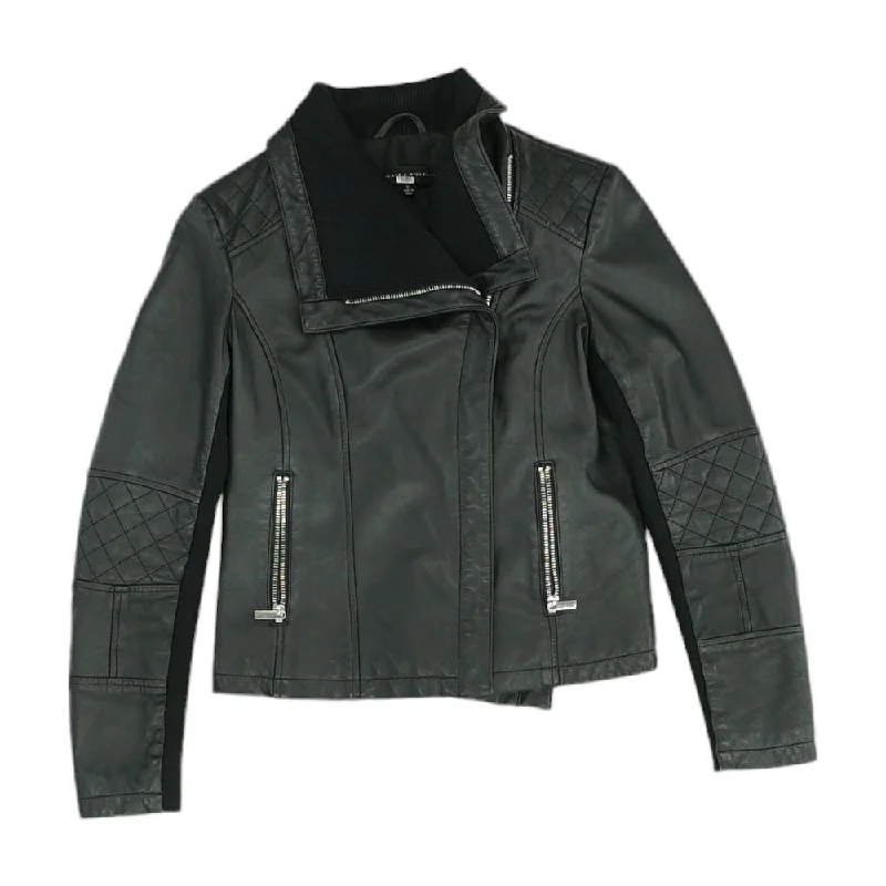 Black Solid Leather Jacket Zip Front Button Front Snap Front