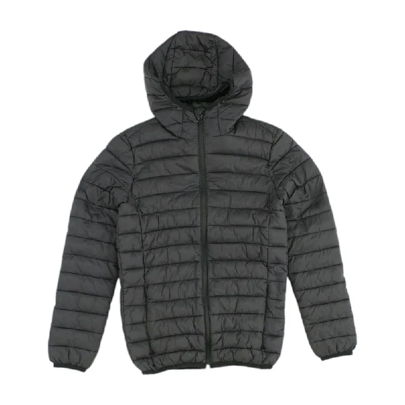 Black Solid Puffer Jacket Hooded Jacket Caped Jacket Shawl Collar Jacket