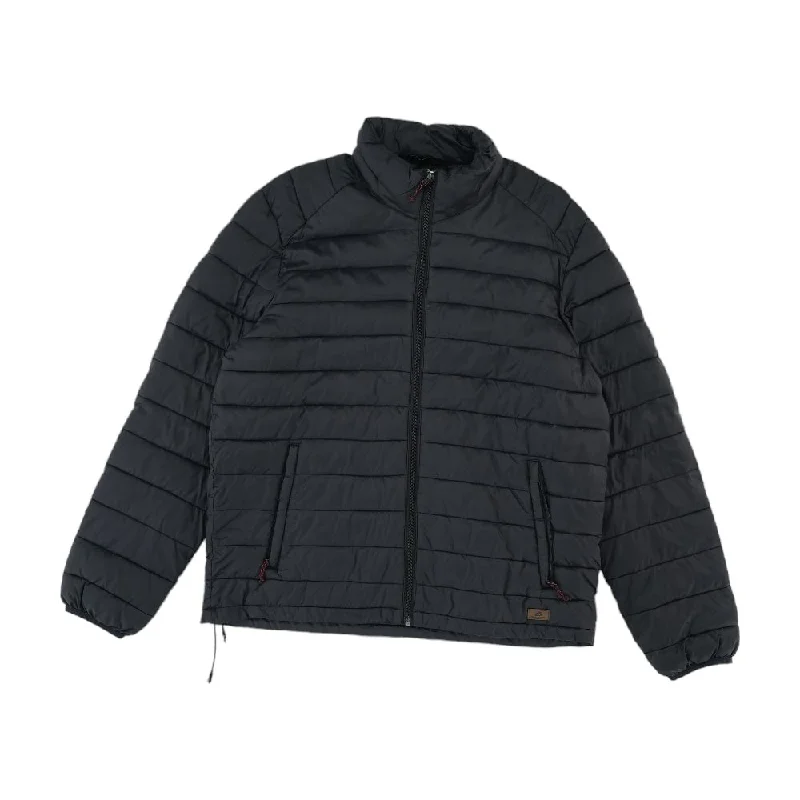 Black Solid Puffer Jacket Front Pockets Side Pockets Patch Pockets