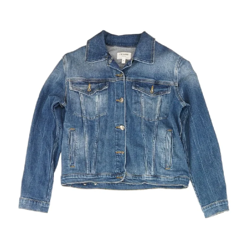 Blue Solid Denim Jacket Notch Collar Jacket Peter Pan Collar Jacket Cowl Neck Jacket