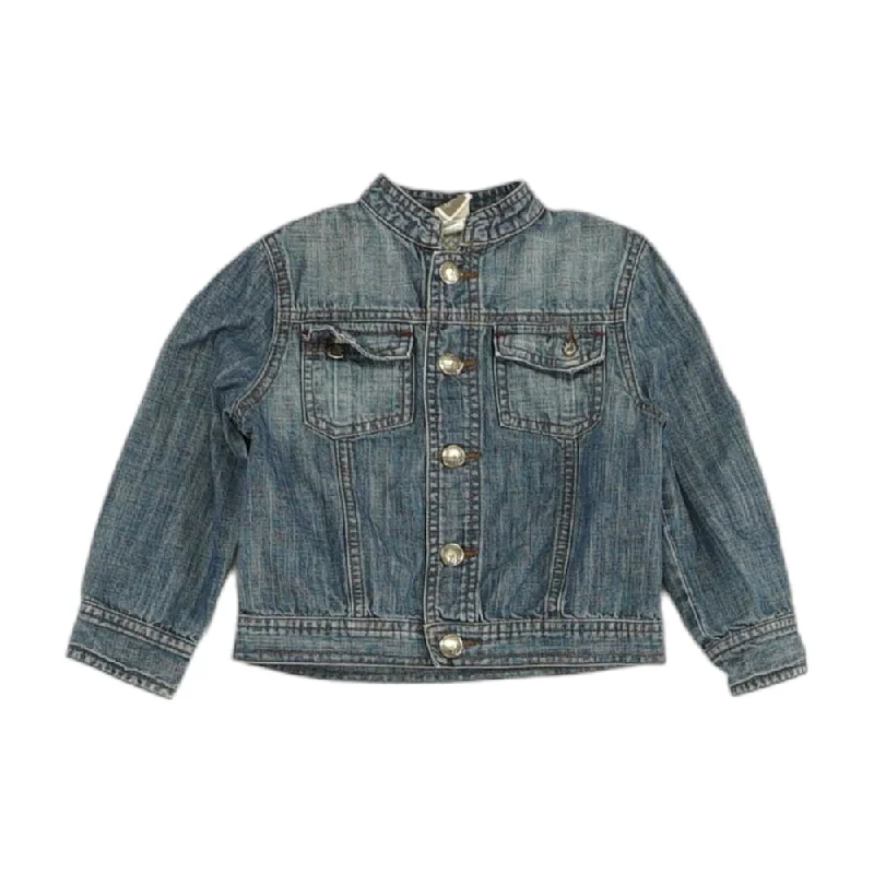 Blue Solid Denim Jacket Ribbed Jacket Pleated Jacket Ruffled Jacket