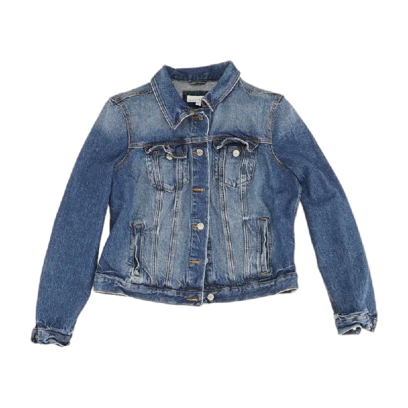 Blue Solid Denim Jacket Front Pockets Side Pockets Patch Pockets