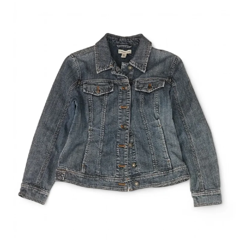 Blue Solid Denim Jacket Zippered Front Buttoned Front Snap Front