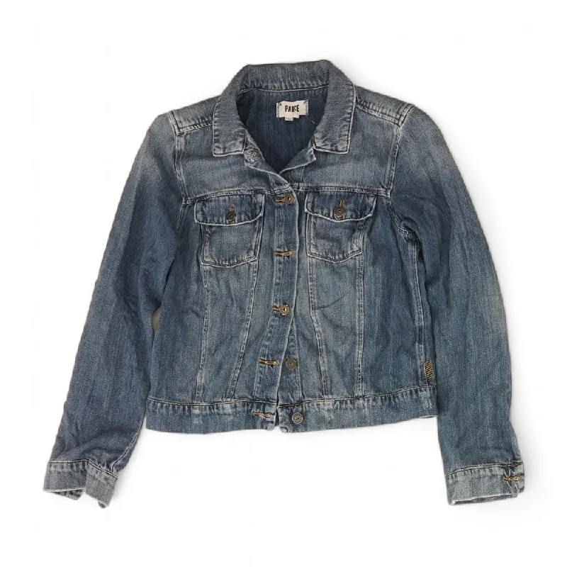 Blue Solid Denim Jacket Snapped Jacket Toggled Jacket Drawstring Jacket