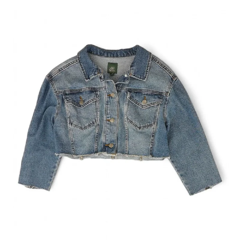 Blue Solid Denim Jacket Boat Neck Shawl Collar Notched Collar