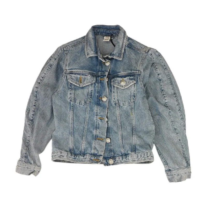 Blue Solid Denim Jacket Zip Front Button Front Snap Front