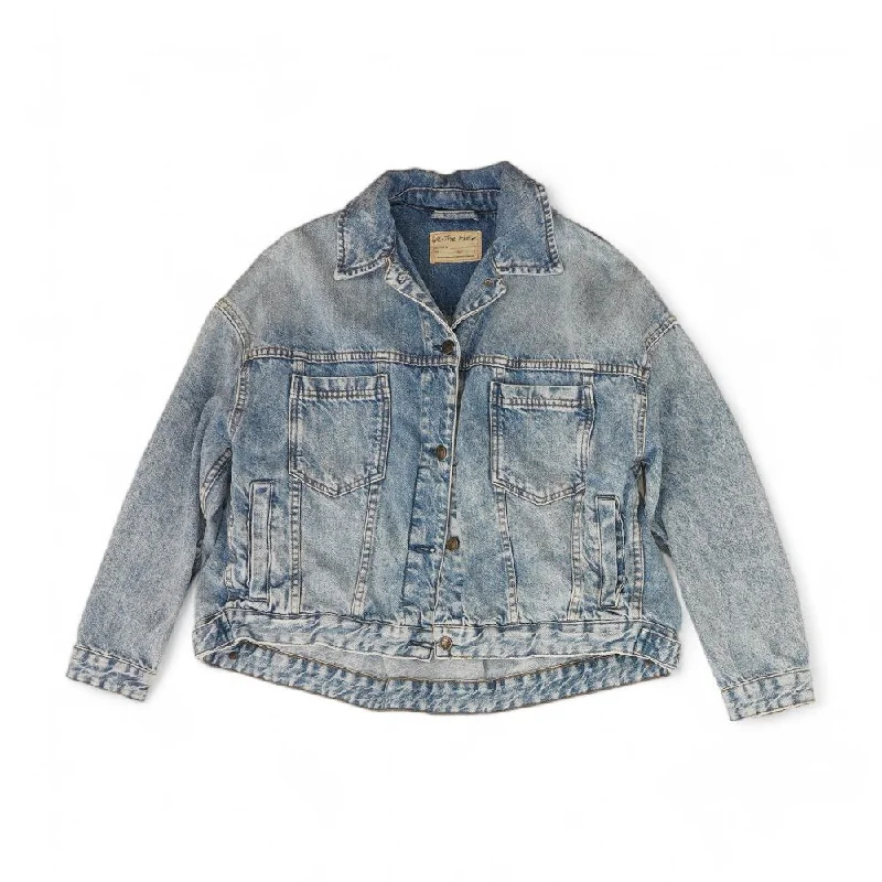 Blue Solid Denim Jacket A-Line Jacket Boat Neck Shawl Collar