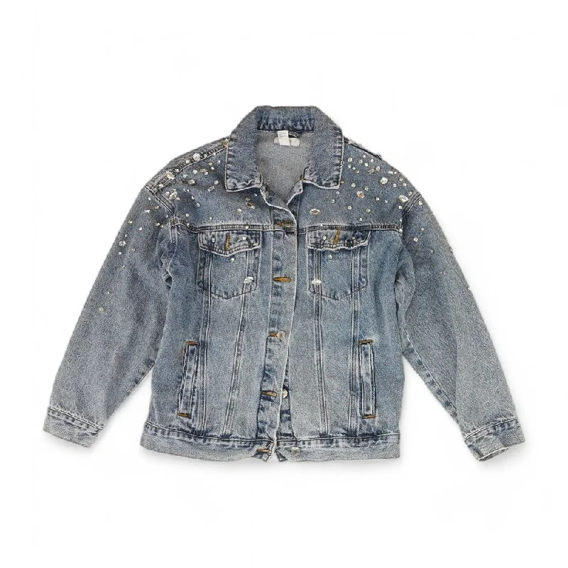 Blue Solid Denim Jacket Belted Jacket Elasticated Jacket Padded Jacket