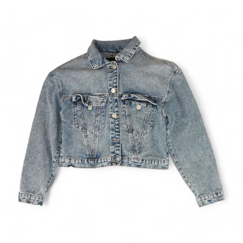 Blue Solid Denim Jacket Ribbed Jacket Pleated Jacket Ruffled Jacket