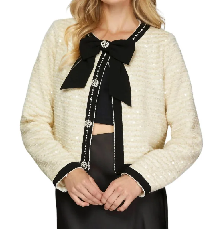 Bow Jacket In Black/cream Knit Fabric Woven Fabric Fleece Fabric
