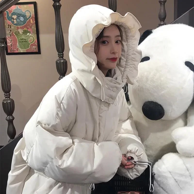 Down Jacket Women's Casual All-match Bread Jacket Thick Fashion Lace Hat Windbreaker Warm Jacket Zippered Front Buttoned Front Snap Front