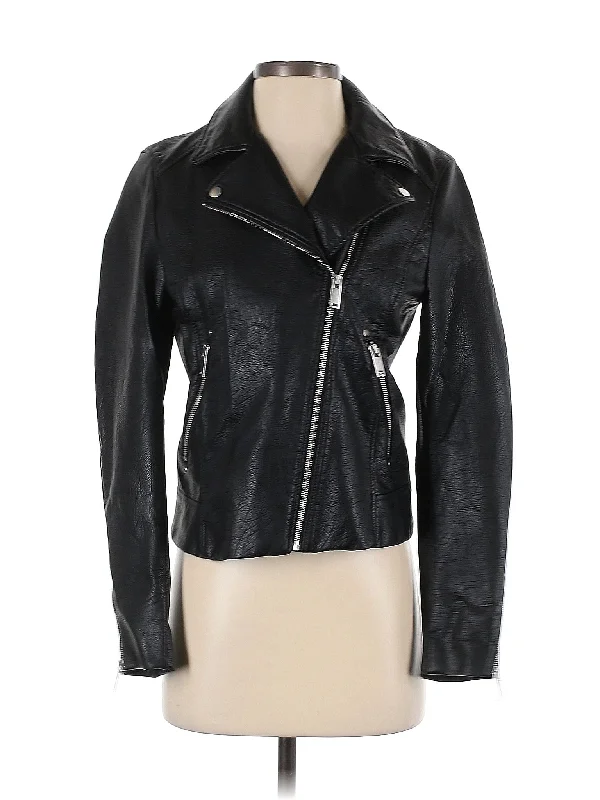 Faux Leather Jacket A-Line Jacket Boat Neck Shawl Collar